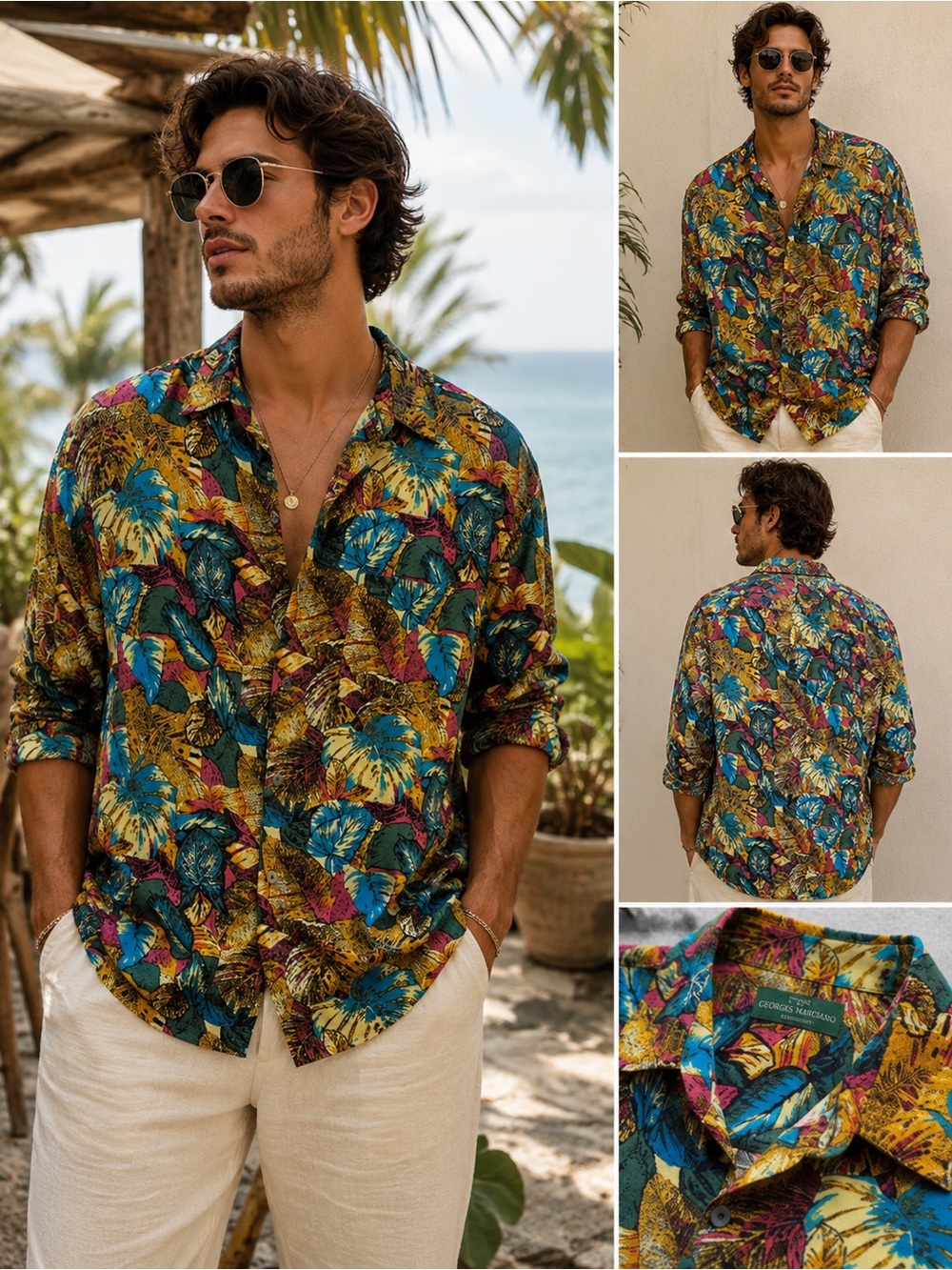 Vintage 90s Guess by Georges Marciano Rayon Hawaiian Shirt Tropical Leaf Print L